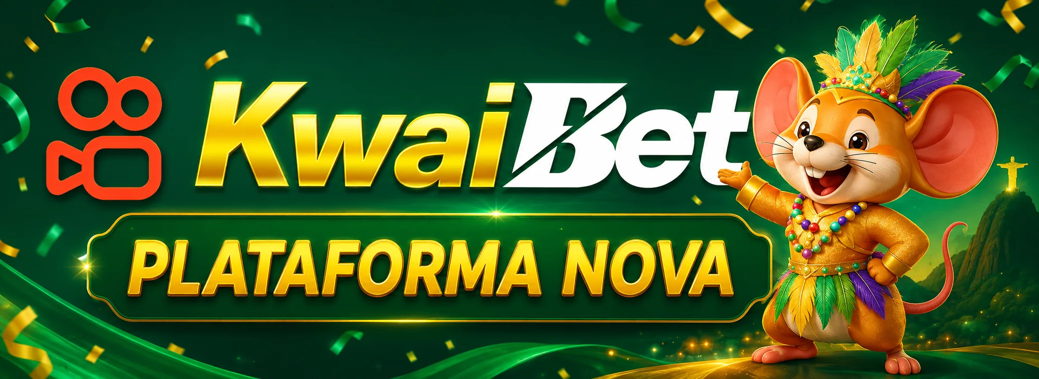 Mascote rato em fantasia de carnaval da KwaiBet ao lado do bônus de R$ 15,00 no cadastro